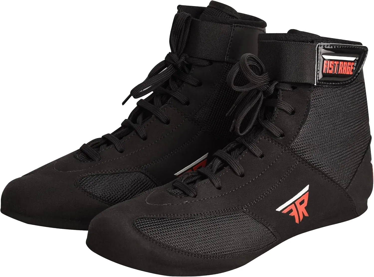 FISTRAGE Leather High Top Kick Boxing Shoes Fighting Sports Training Mesh Unisex Pro Men's and Youth Light Weight | Black Color Boxing Shoes for Adults
