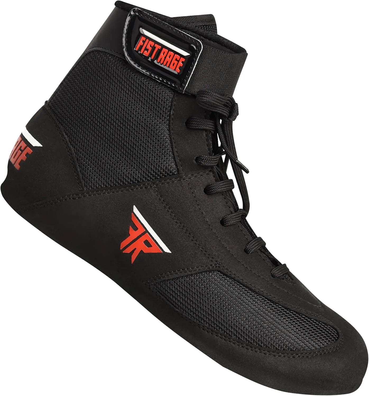 FISTRAGE Leather High Top Kick Boxing Shoes Fighting Sports Training Mesh Unisex Pro Men's and Youth Light Weight | Black Color Boxing Shoes for Adults