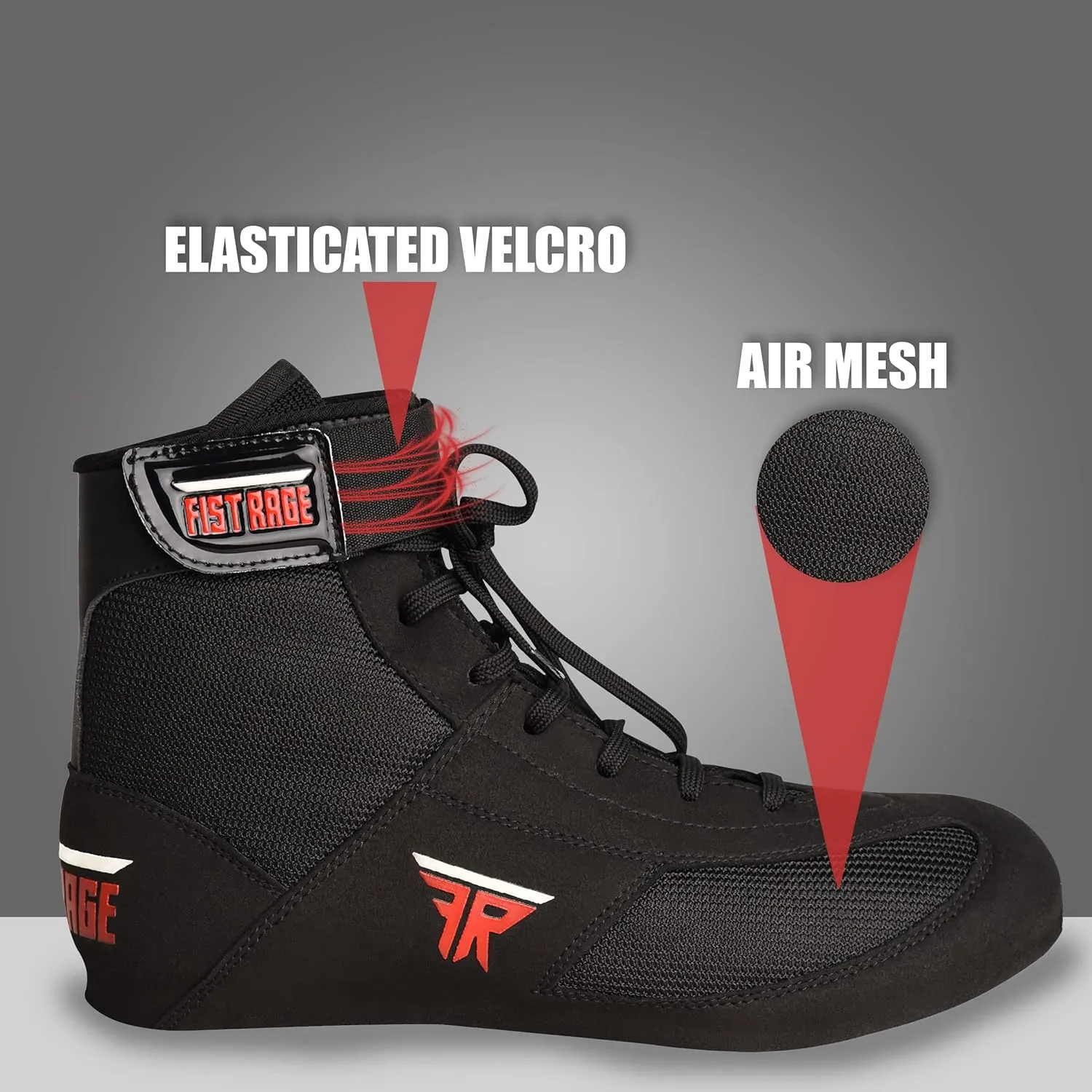 FISTRAGE Leather High Top Kick Boxing Shoes Fighting Sports Training Mesh Unisex Pro Men's and Youth Light Weight | Black Color Boxing Shoes for Adults