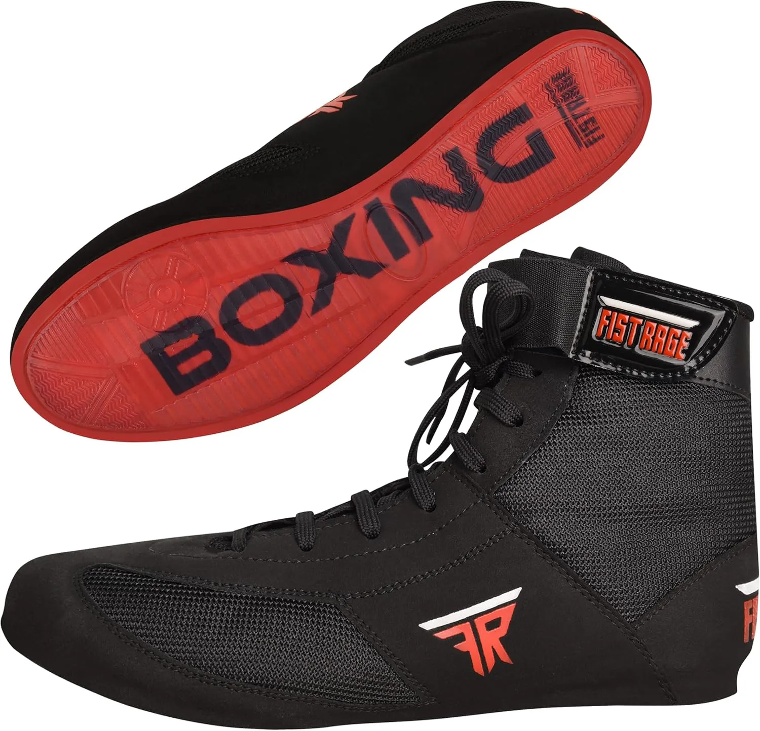 FISTRAGE Leather High Top Kick Boxing Shoes Fighting Sports Training Mesh Unisex Pro Men's and Youth Light Weight | Black Color Boxing Shoes for Adults