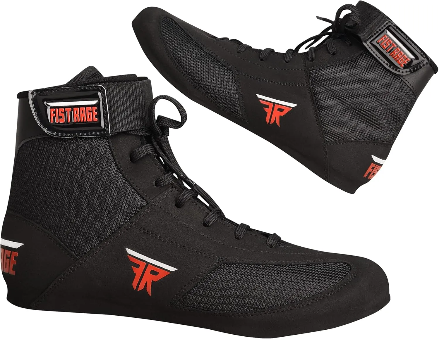 FISTRAGE Leather High Top Kick Boxing Shoes Fighting Sports Training Mesh Unisex Pro Men's and Youth Light Weight | Black Color Boxing Shoes for Adults