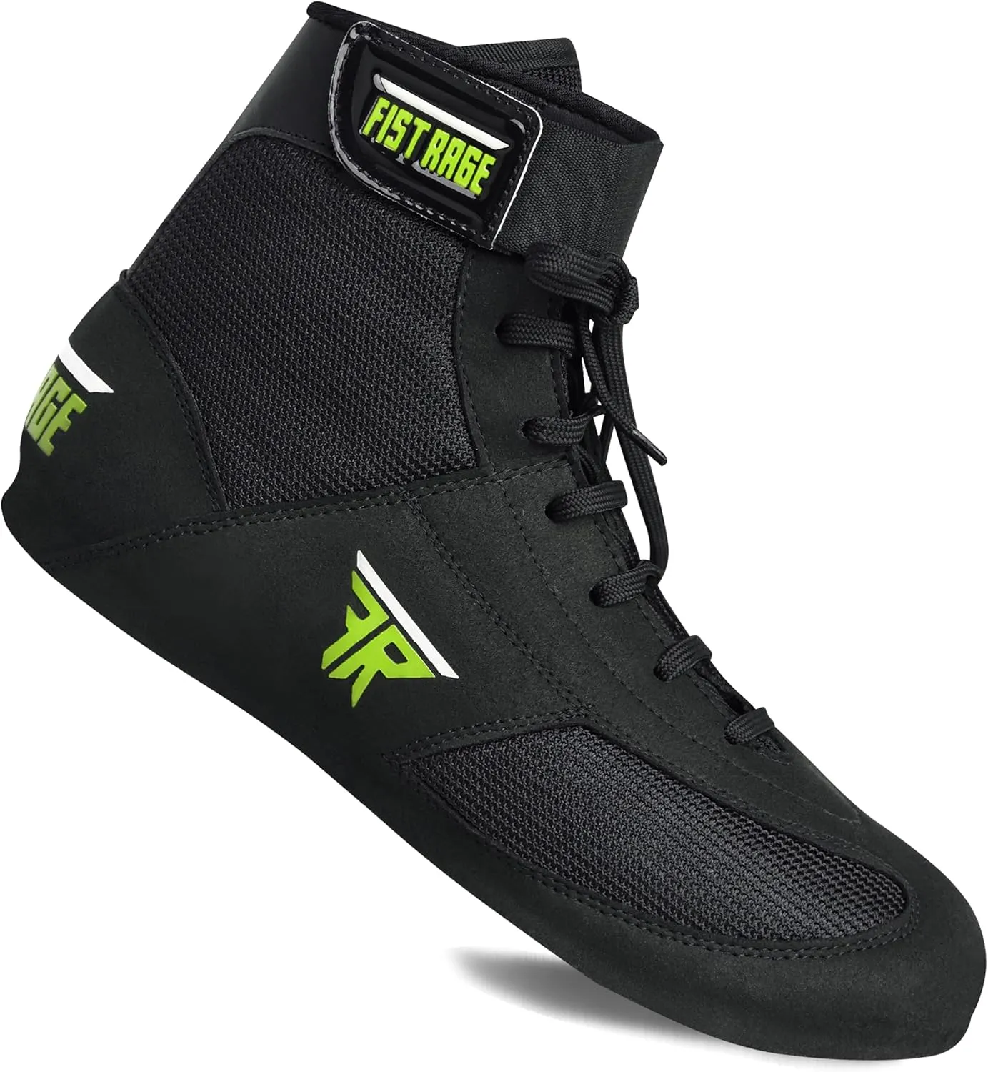 FISTRAGE Leather Kick Boxing Shoes – Lightweight Genuine Leather Boots for Men, Youth & Adults | Unisex Pro Training, Fighting & Sports Shoes – Green Mesh Design