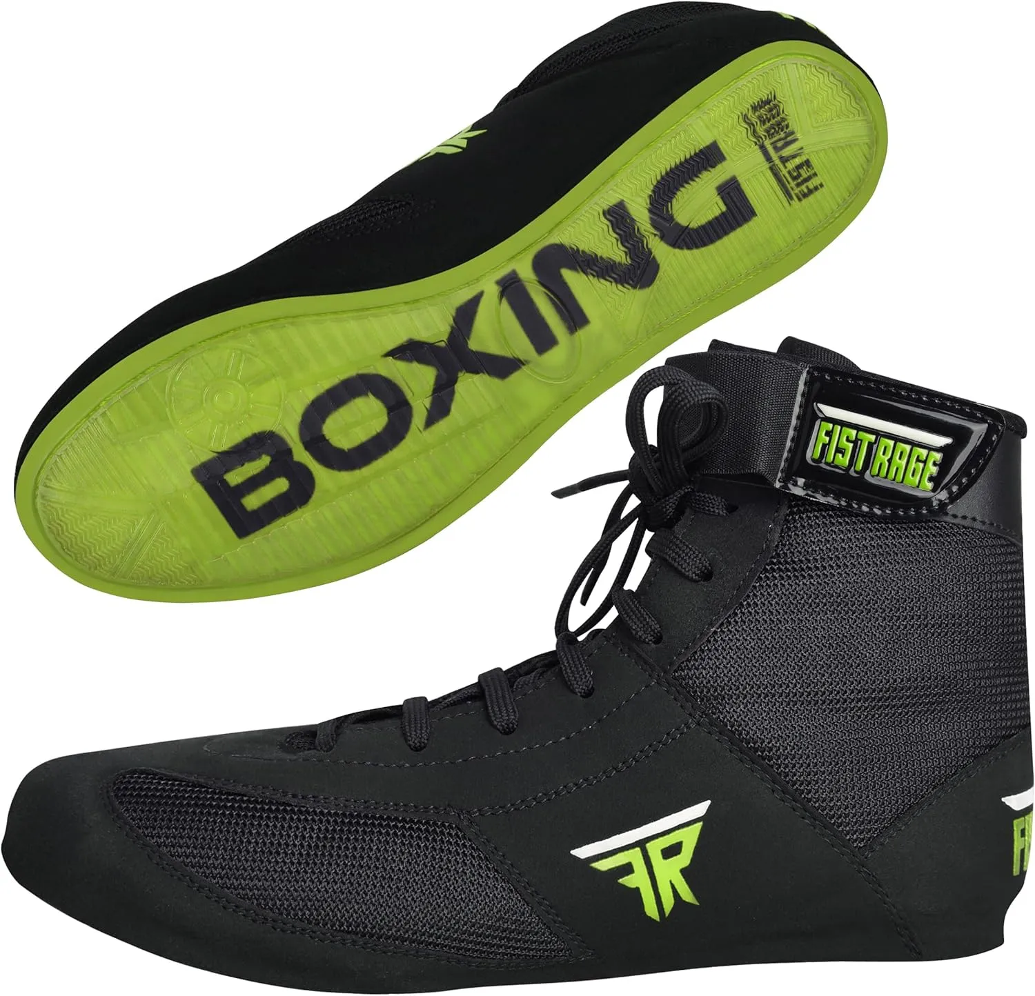 FISTRAGE Leather Kick Boxing Shoes – Lightweight Genuine Leather Boots for Men, Youth & Adults | Unisex Pro Training, Fighting & Sports Shoes – Green Mesh Design
