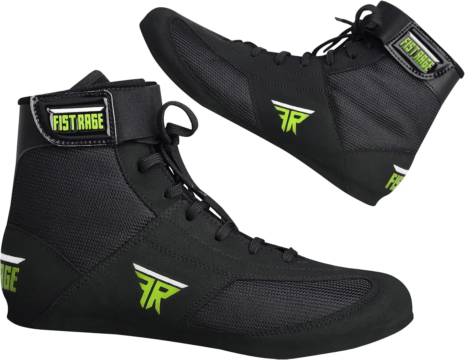 FISTRAGE Leather Kick Boxing Shoes – Lightweight Genuine Leather Boots for Men, Youth & Adults | Unisex Pro Training, Fighting & Sports Shoes – Green Mesh Design