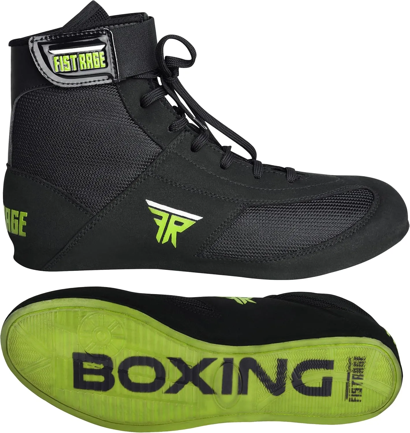 FISTRAGE Leather Kick Boxing Shoes – Lightweight Genuine Leather Boots for Men, Youth & Adults | Unisex Pro Training, Fighting & Sports Shoes – Green Mesh Design