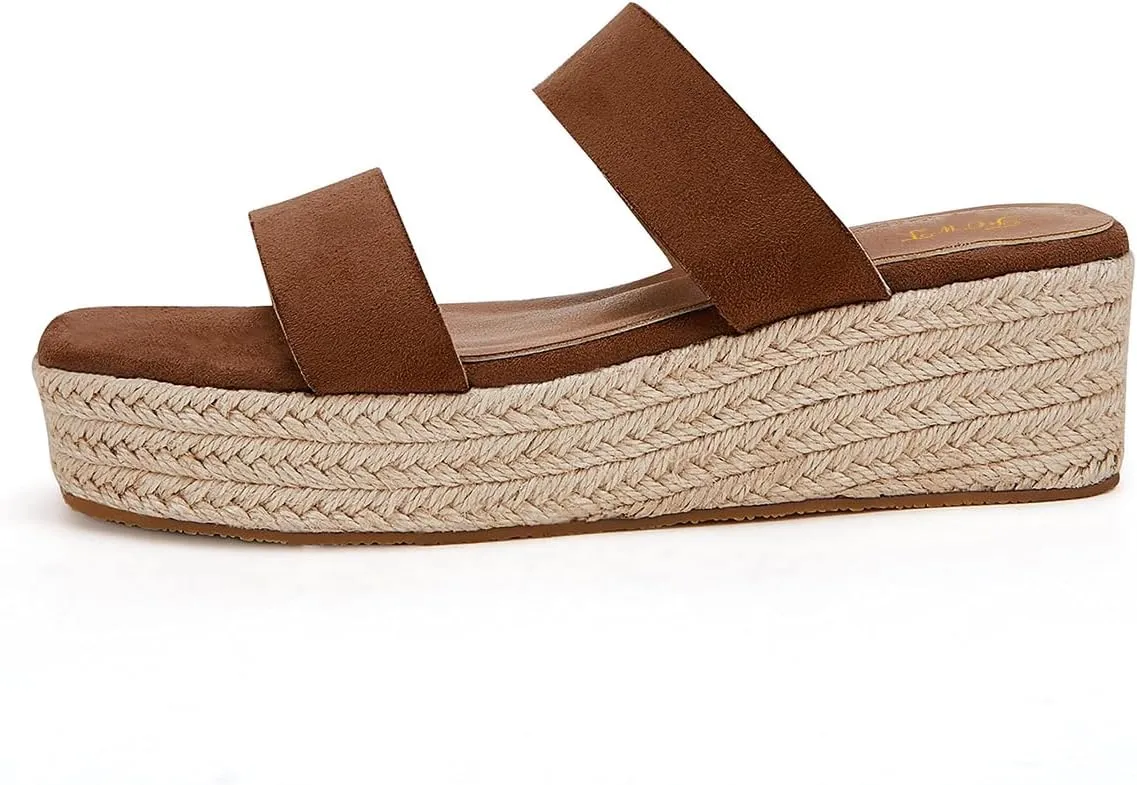 FOWT Women Platform Open Toe Mules Double Strap Espadrille Sandals Slip On Mid Heel Wedges Comfy Casual Dress Shoes Size 4-16 US