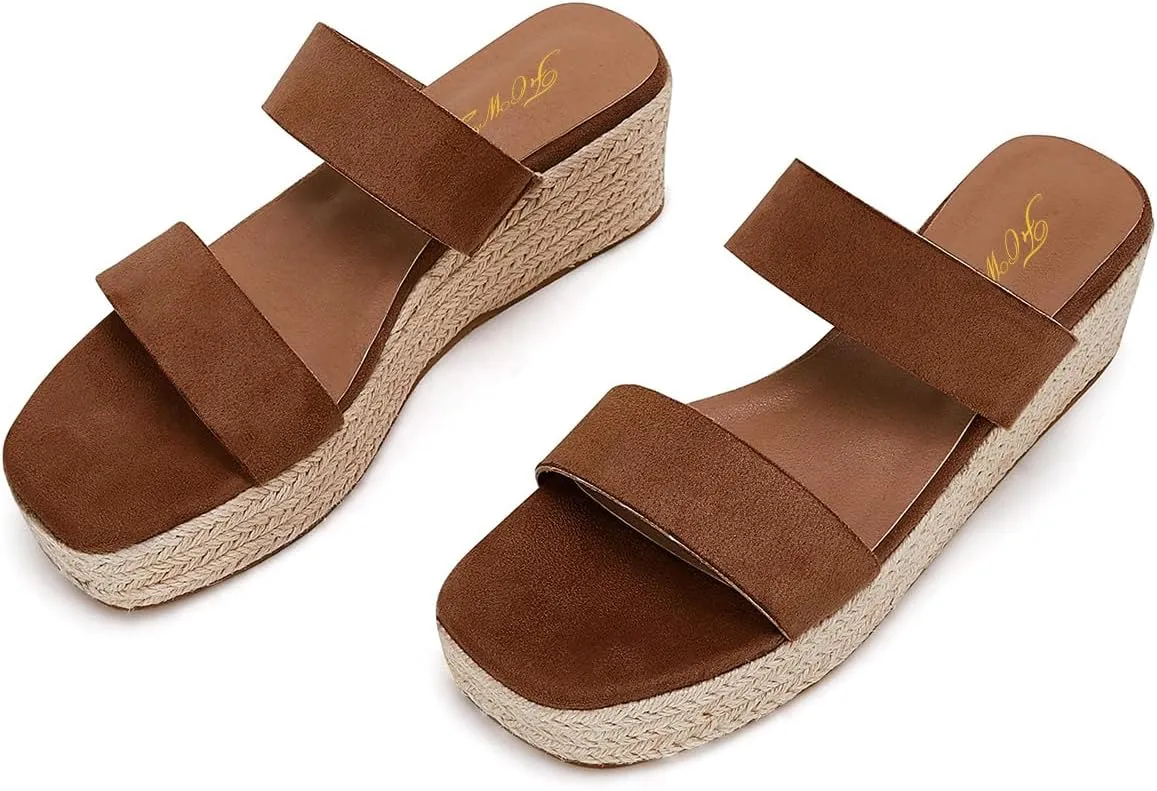 FOWT Women Platform Open Toe Mules Double Strap Espadrille Sandals Slip On Mid Heel Wedges Comfy Casual Dress Shoes Size 4-16 US