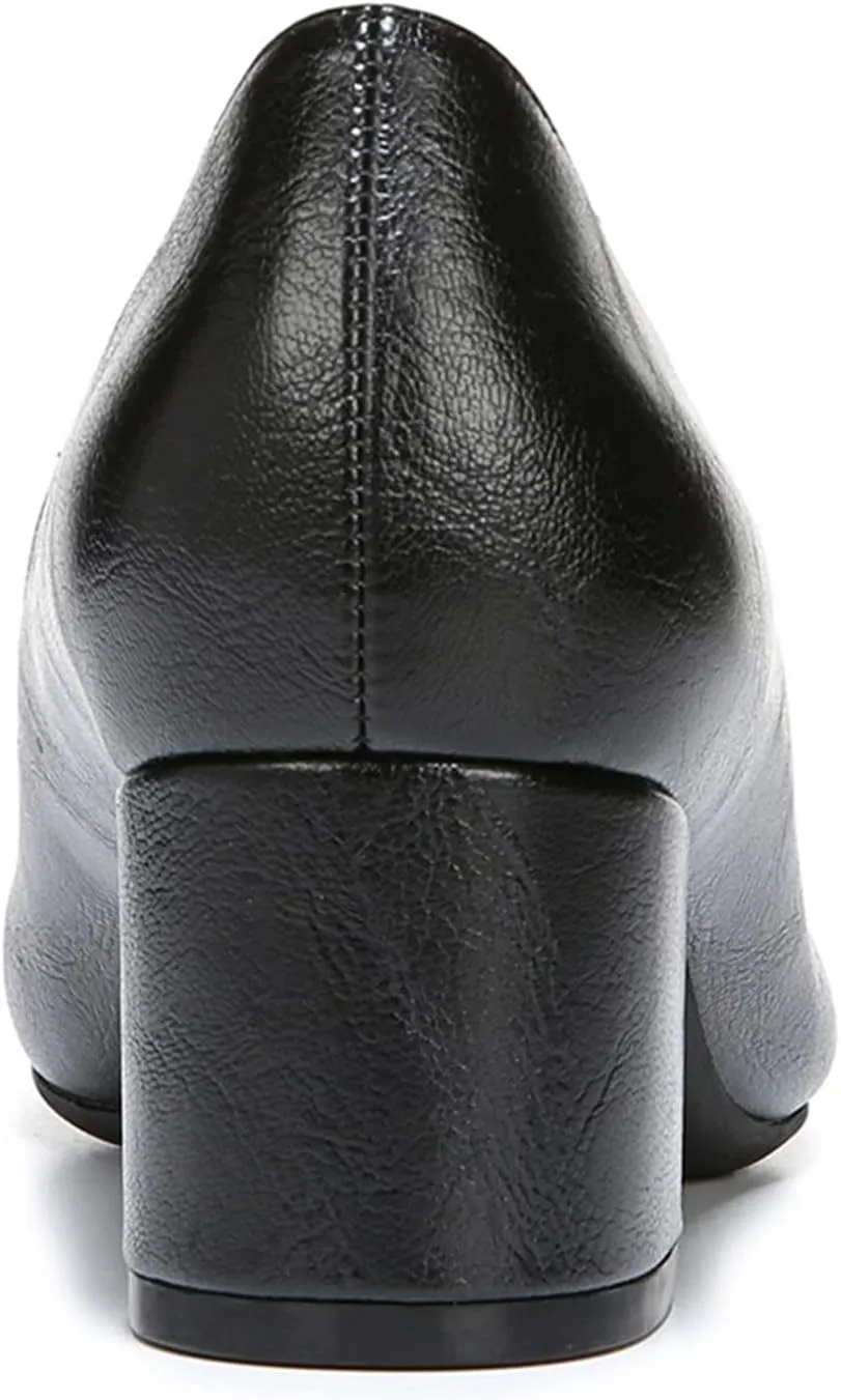 FOWT Women's Classic Black or Two Toned Side V Cut Loafers Ladies Round Toe Mid Chunky Heel Pumps Simple Style Slip On Unisex Shoes for Work Office School 4-16 US Size