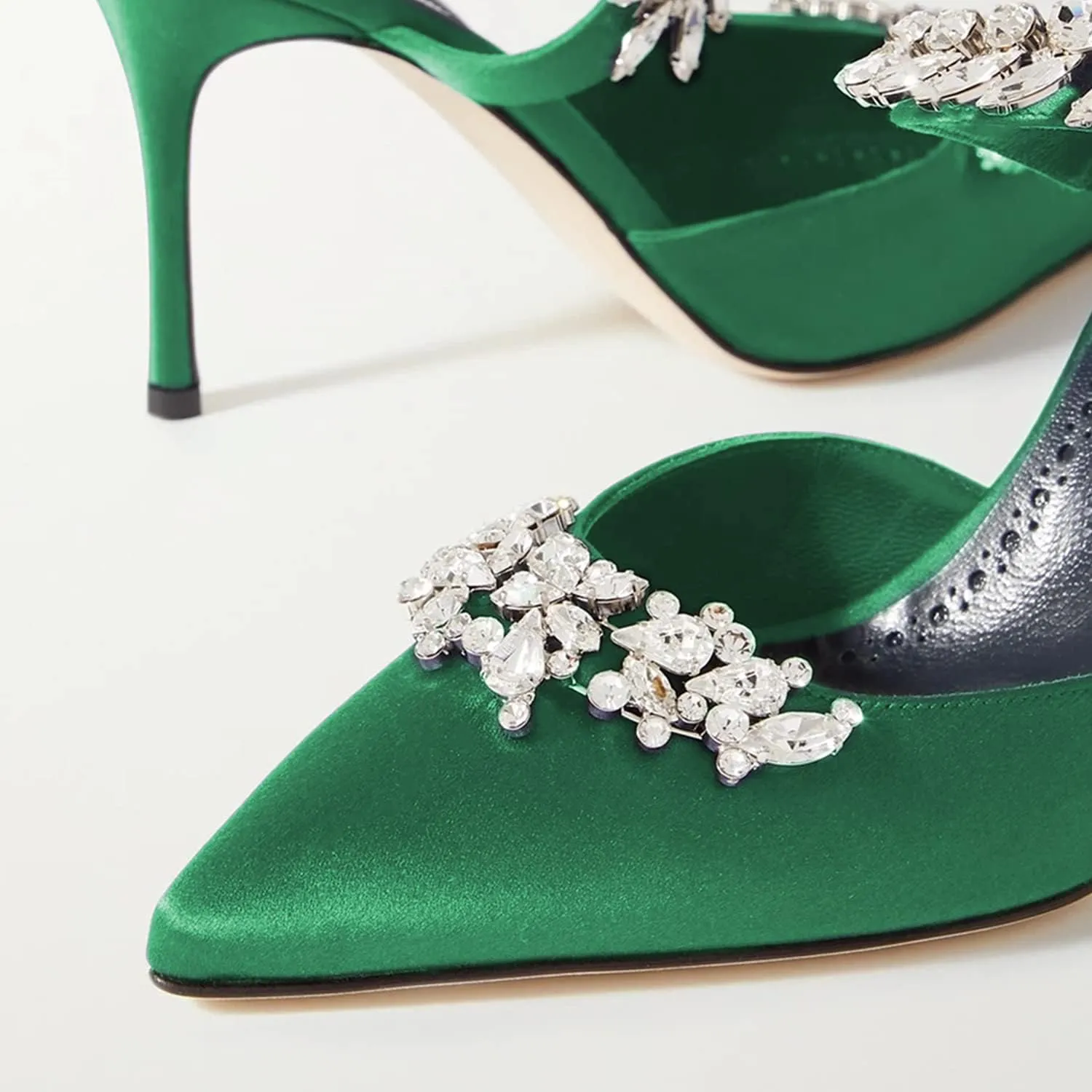 FOWT Women’s Studded Crystals Stiletto High Heel Slippers,Backless Slip On Makeup Party Pumps for Lady,Pointy Toe Satin Evening Dress Party Shoes