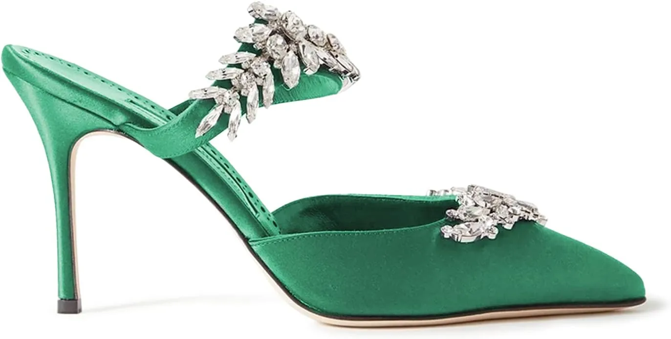 FOWT Women’s Studded Crystals Stiletto High Heel Slippers,Backless Slip On Makeup Party Pumps for Lady,Pointy Toe Satin Evening Dress Party Shoes