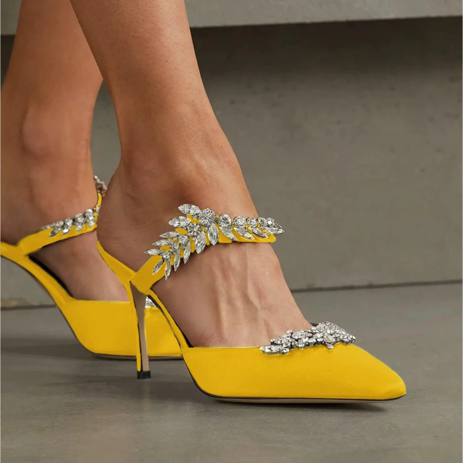 FOWT Women’s Studded Crystals Stiletto High Heel Slippers,Backless Slip On Makeup Party Pumps for Lady,Pointy Toe Satin Evening Dress Party Shoes