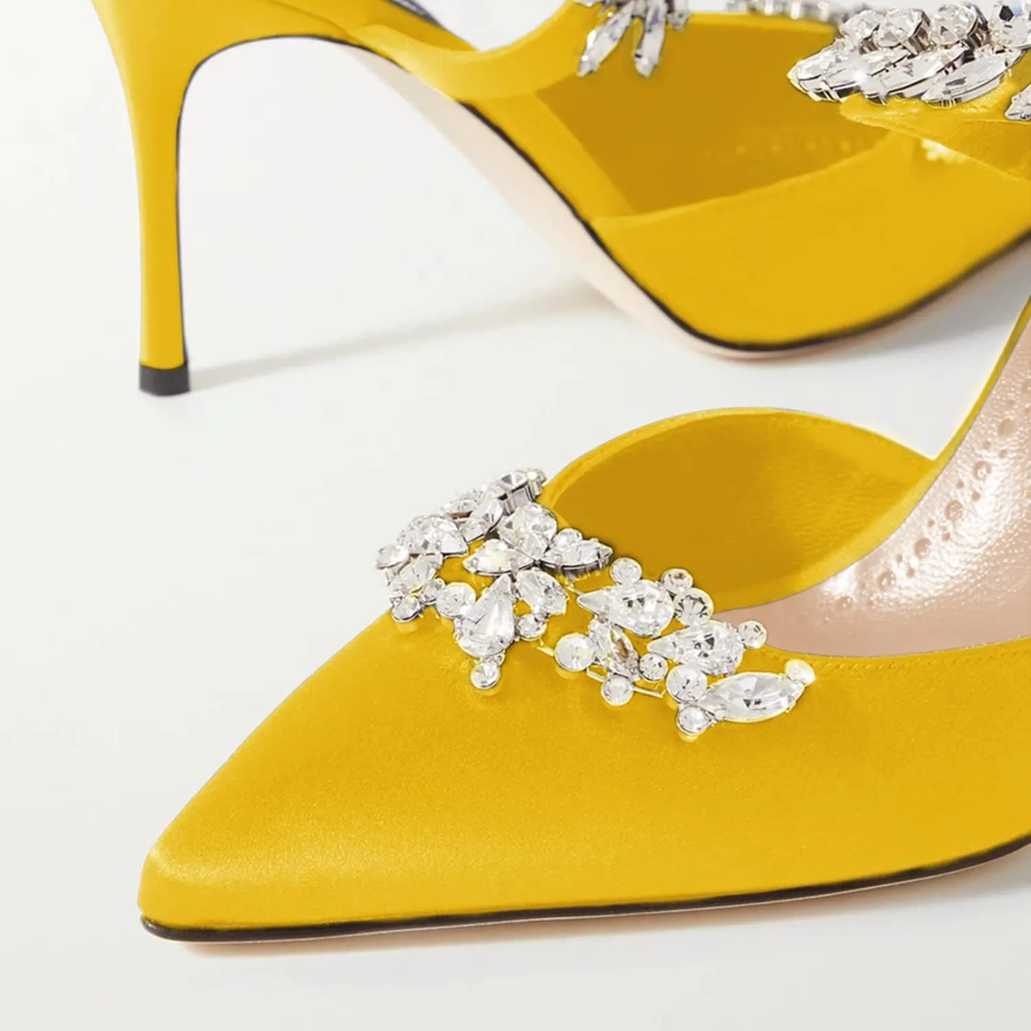 FOWT Women’s Studded Crystals Stiletto High Heel Slippers,Backless Slip On Makeup Party Pumps for Lady,Pointy Toe Satin Evening Dress Party Shoes