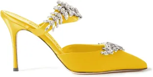 FOWT Women’s Studded Crystals Stiletto High Heel Slippers,Backless Slip On Makeup Party Pumps for Lady,Pointy Toe Satin Evening Dress Party Shoes