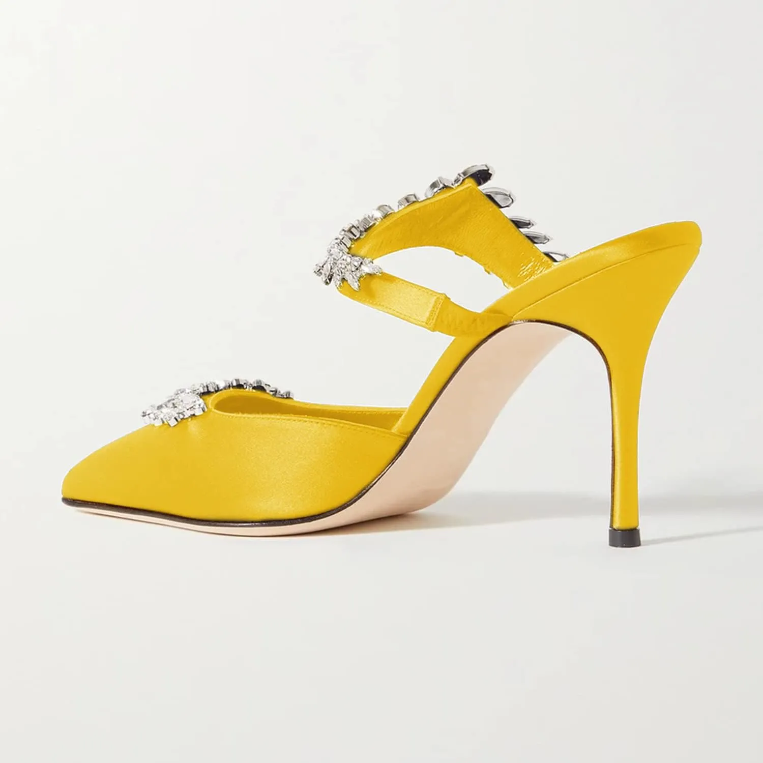 FOWT Women’s Studded Crystals Stiletto High Heel Slippers,Backless Slip On Makeup Party Pumps for Lady,Pointy Toe Satin Evening Dress Party Shoes