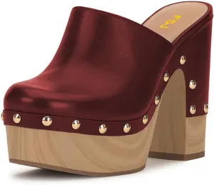 FSJ Women Closed Round Toe Mules High Chunky Heeled Sandals Slip On Platform Wooden Clogs Studs Comfy Dress Shoes Size 4-16 US