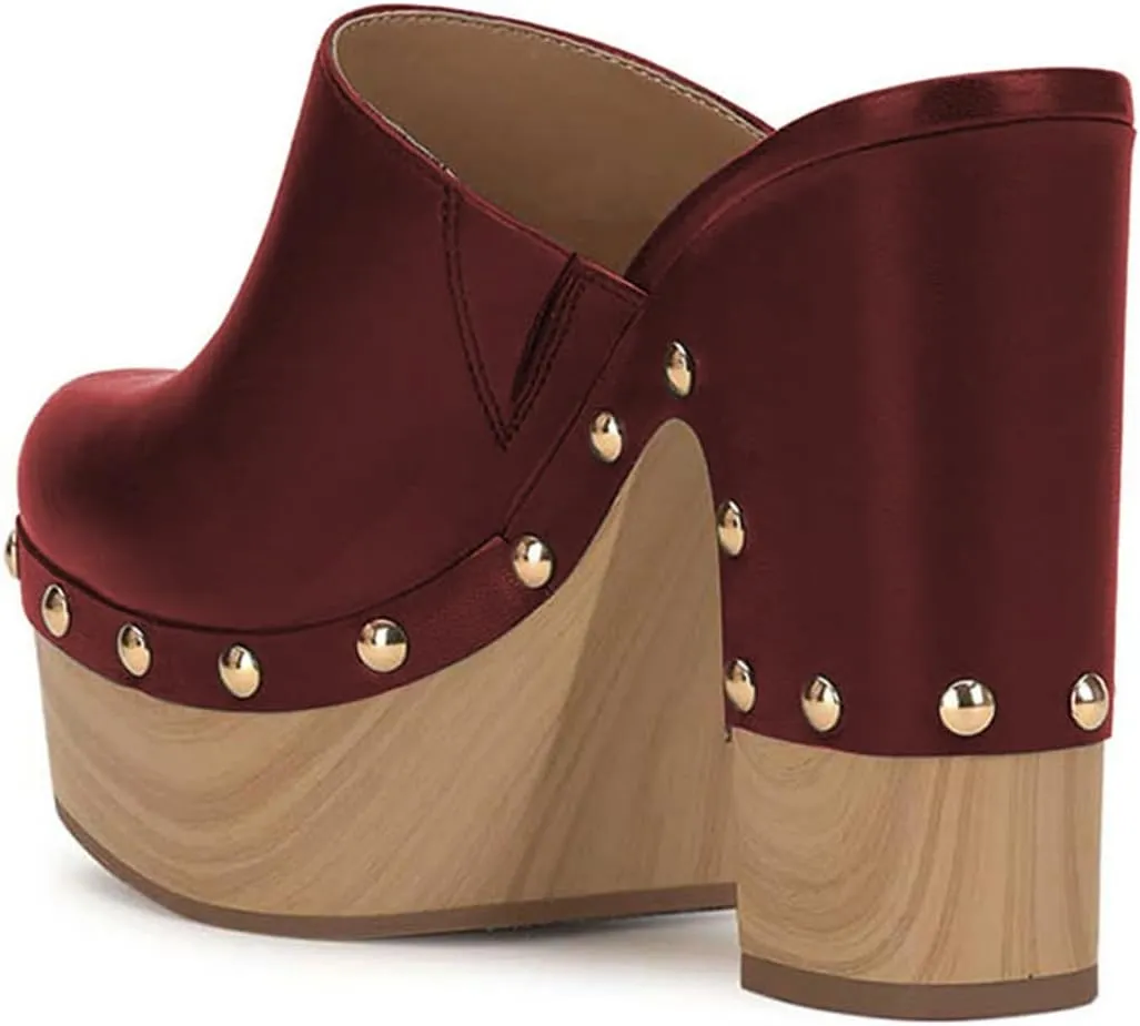 FSJ Women Closed Round Toe Mules High Chunky Heeled Sandals Slip On Platform Wooden Clogs Studs Comfy Dress Shoes Size 4-16 US