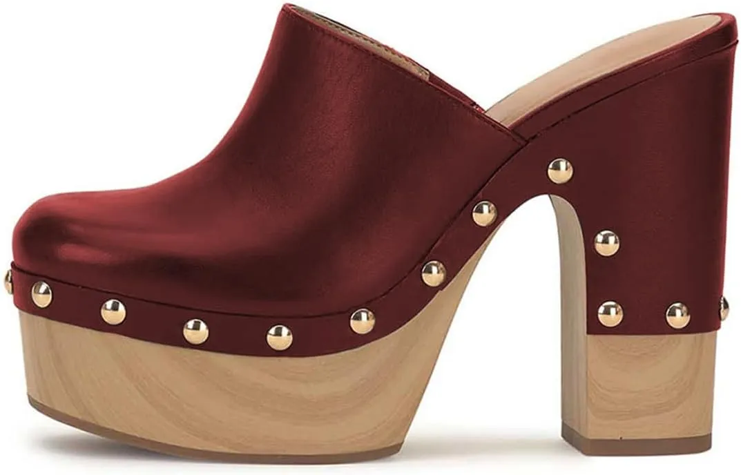 FSJ Women Closed Round Toe Mules High Chunky Heeled Sandals Slip On Platform Wooden Clogs Studs Comfy Dress Shoes Size 4-16 US