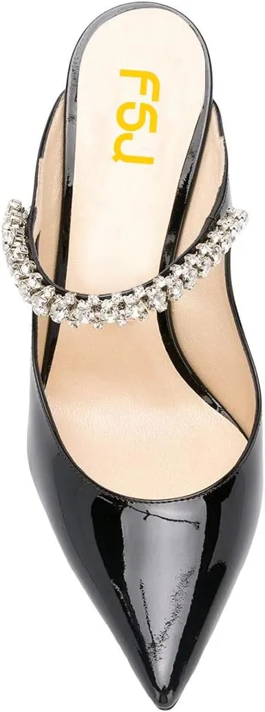 FSJ Women Crystal Chunky Heeled Mules Wedding Sandals Rhinestone Strappy Pumps Pointed Toe Fashion Slippers Slip On Bridal Shoes Size 4-15 US