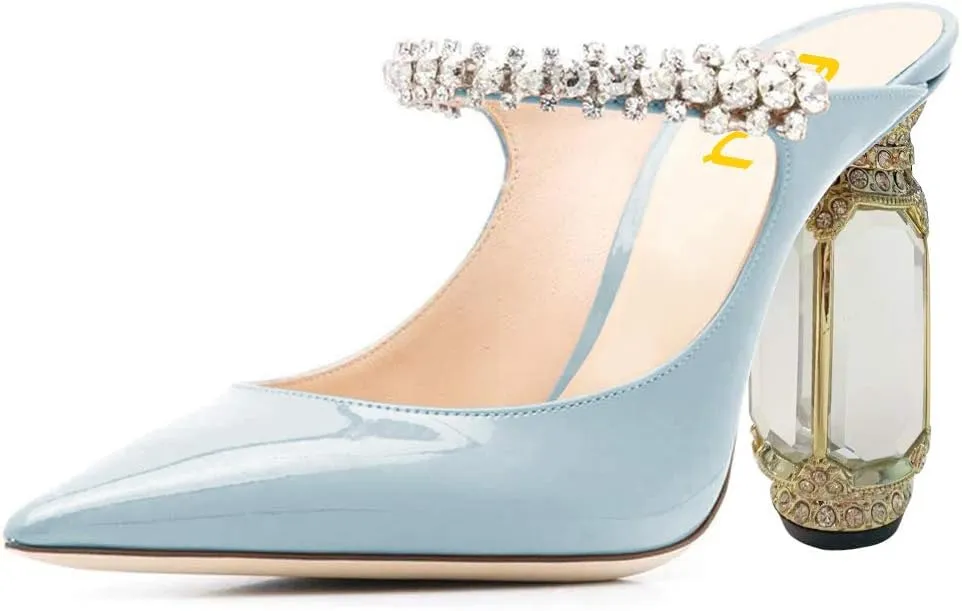FSJ Women Crystal Chunky Heeled Mules Wedding Sandals Rhinestone Strappy Pumps Pointed Toe Fashion Slippers Slip On Bridal Shoes Size 4-15 US