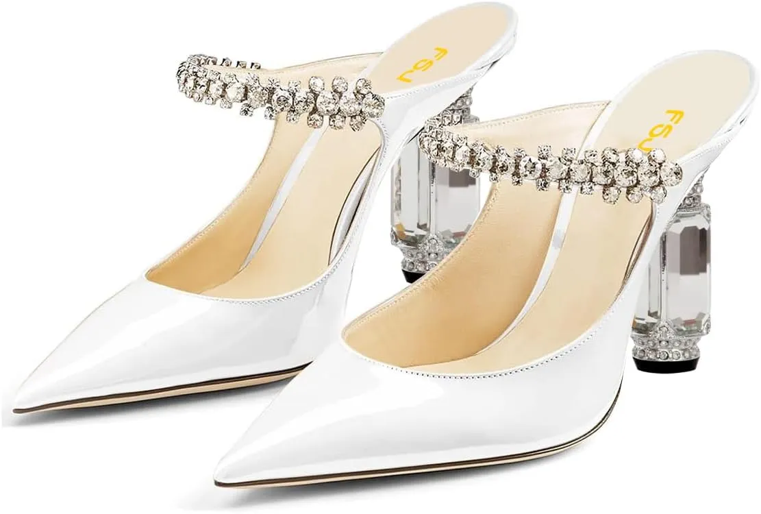 FSJ Women Crystal Chunky Heeled Mules Wedding Sandals Rhinestone Strappy Pumps Pointed Toe Fashion Slippers Slip On Bridal Shoes Size 4-15 US