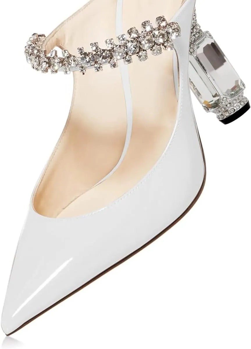 FSJ Women Crystal Chunky Heeled Mules Wedding Sandals Rhinestone Strappy Pumps Pointed Toe Fashion Slippers Slip On Bridal Shoes Size 4-15 US