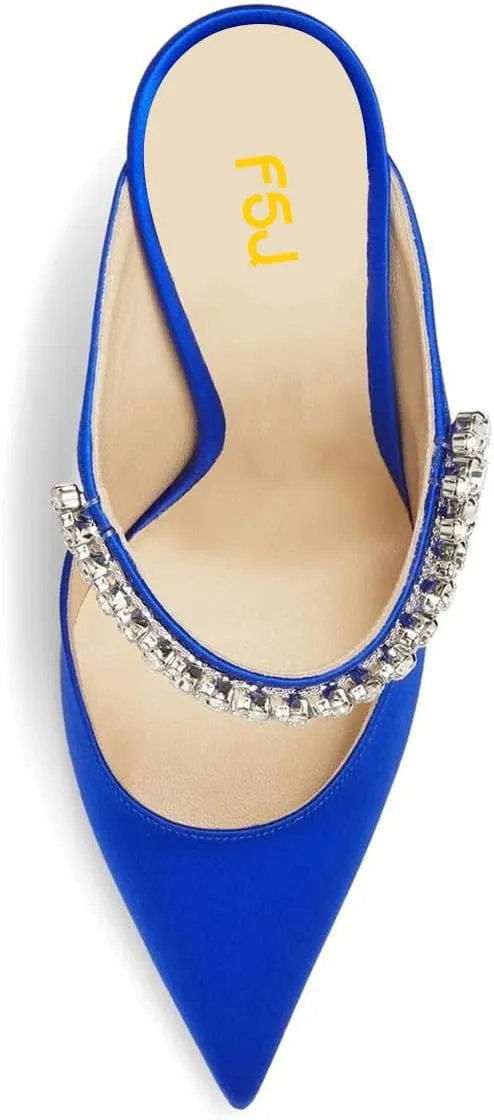 FSJ Women Crystal Chunky Heeled Mules Wedding Sandals Rhinestone Strappy Pumps Pointed Toe Fashion Slippers Slip On Bridal Shoes Size 4-15 US