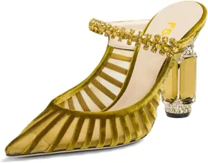 FSJ Women Crystal Chunky Heeled Mules Wedding Sandals Rhinestone Strappy Pumps Pointed Toe Fashion Slippers Slip On Bridal Shoes Size 4-15 US