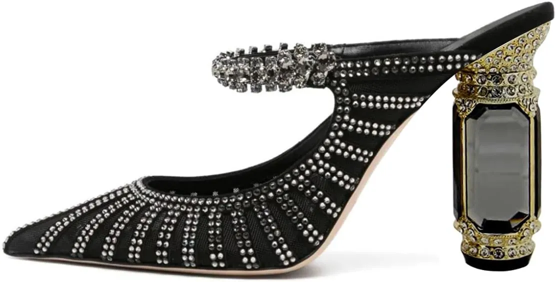 FSJ Women Crystal Chunky Heeled Mules Wedding Sandals Rhinestone Strappy Pumps Pointed Toe Fashion Slippers Slip On Bridal Shoes Size 4-15 US