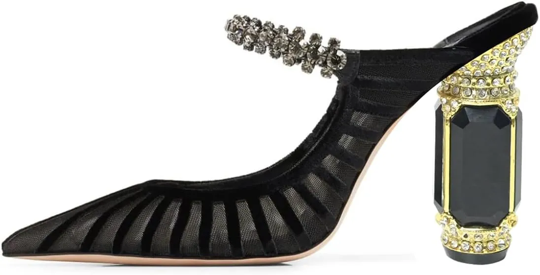 FSJ Women Crystal Chunky Heeled Mules Wedding Sandals Rhinestone Strappy Pumps Pointed Toe Fashion Slippers Slip On Bridal Shoes Size 4-15 US