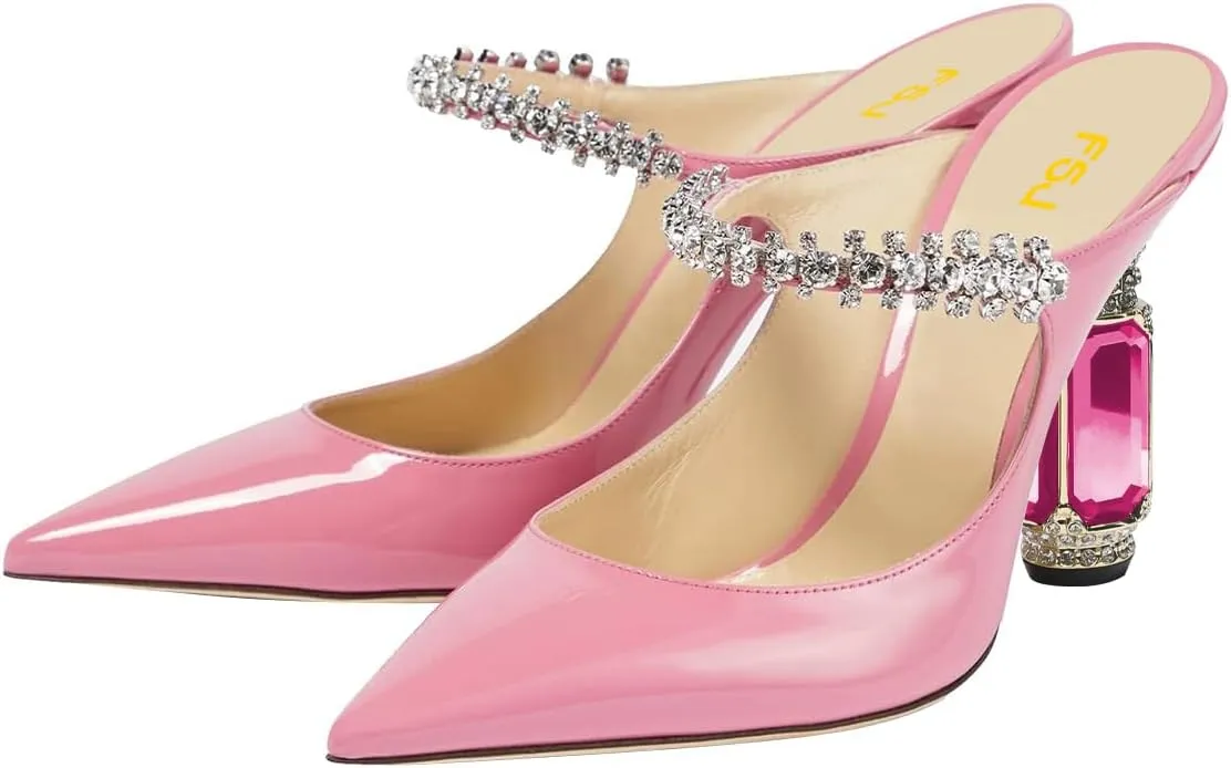FSJ Women Crystal Chunky Heeled Mules Wedding Sandals Rhinestone Strappy Pumps Pointed Toe Fashion Slippers Slip On Bridal Shoes Size 4-15 US