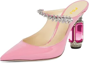 FSJ Women Crystal Chunky Heeled Mules Wedding Sandals Rhinestone Strappy Pumps Pointed Toe Fashion Slippers Slip On Bridal Shoes Size 4-15 US