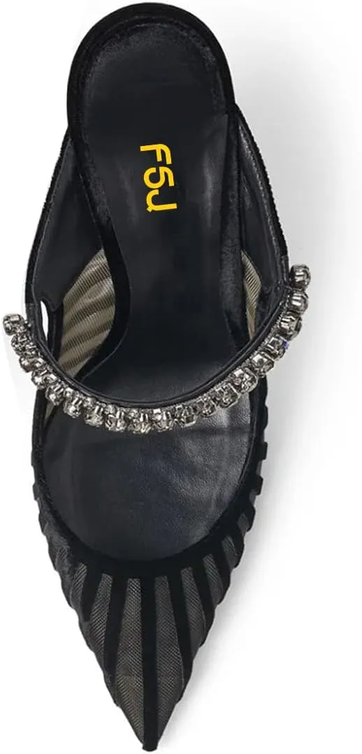 FSJ Women Crystal Chunky Heeled Mules Wedding Sandals Rhinestone Strappy Pumps Pointed Toe Fashion Slippers Slip On Bridal Shoes Size 4-15 US