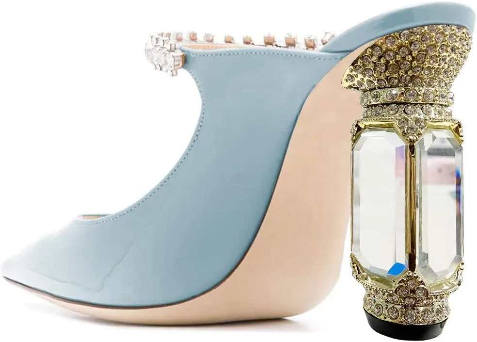 FSJ Women Crystal Chunky Heeled Mules Wedding Sandals Rhinestone Strappy Pumps Pointed Toe Fashion Slippers Slip On Bridal Shoes Size 4-15 US