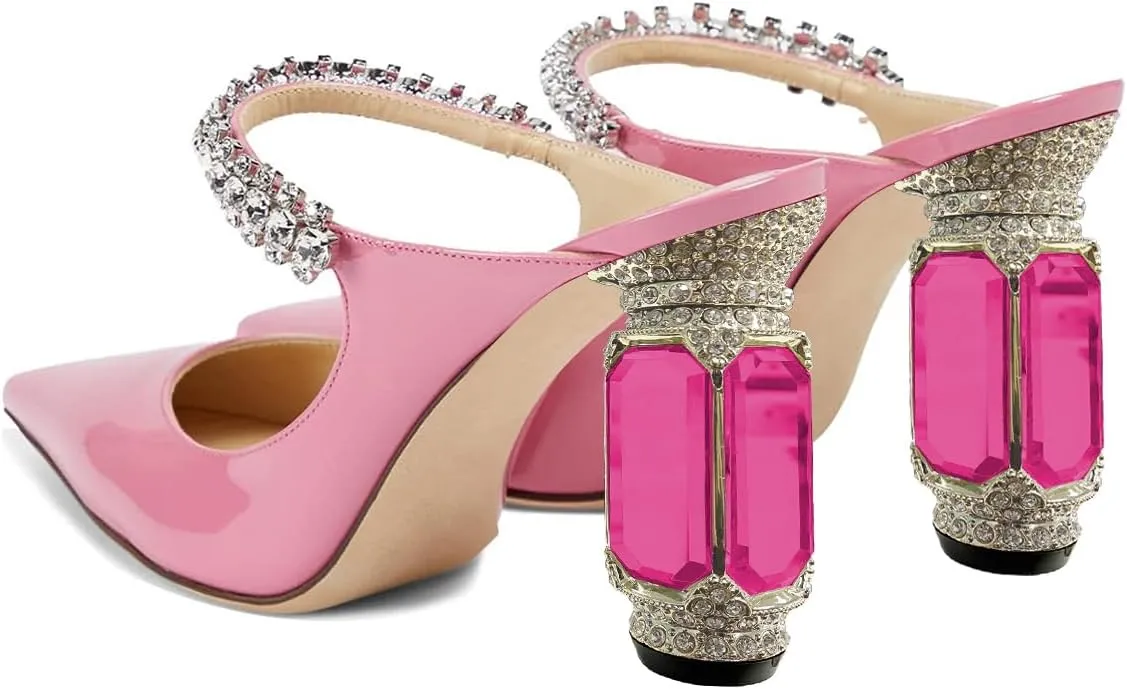FSJ Women Crystal Chunky Heeled Mules Wedding Sandals Rhinestone Strappy Pumps Pointed Toe Fashion Slippers Slip On Bridal Shoes Size 4-15 US