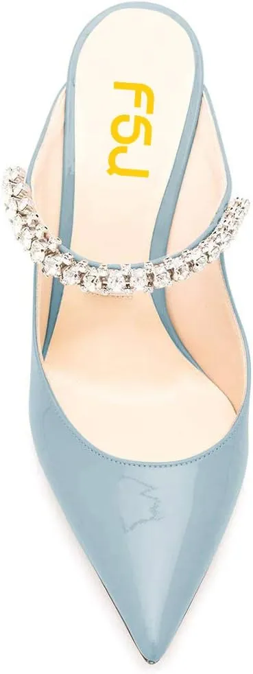 FSJ Women Crystal Chunky Heeled Mules Wedding Sandals Rhinestone Strappy Pumps Pointed Toe Fashion Slippers Slip On Bridal Shoes Size 4-15 US