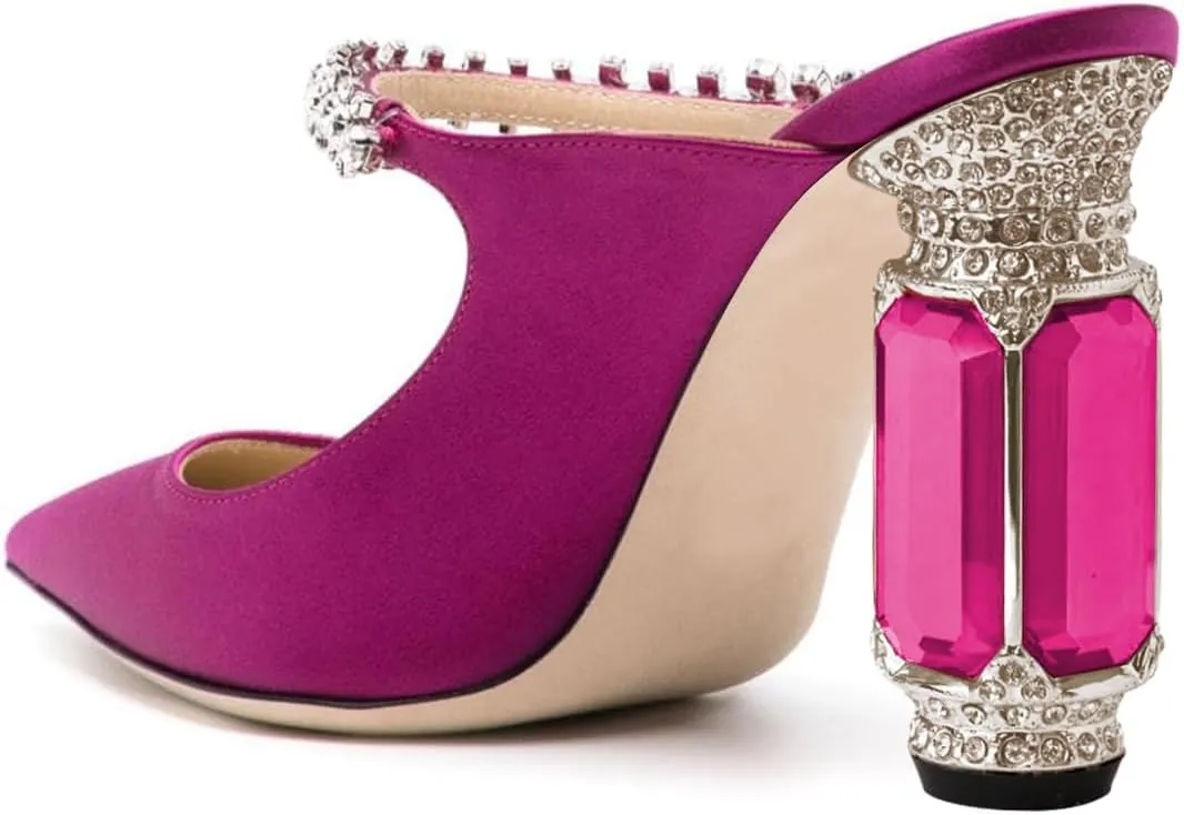FSJ Women Crystal Chunky Heeled Mules Wedding Sandals Rhinestone Strappy Pumps Pointed Toe Fashion Slippers Slip On Bridal Shoes Size 4-15 US