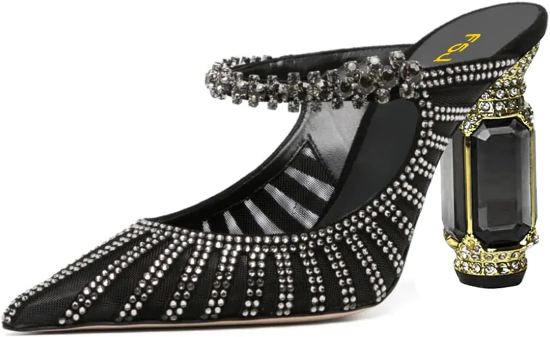 FSJ Women Crystal Chunky Heeled Mules Wedding Sandals Rhinestone Strappy Pumps Pointed Toe Fashion Slippers Slip On Bridal Shoes Size 4-15 US