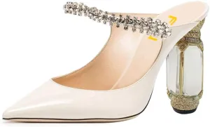FSJ Women Crystal Chunky Heeled Mules Wedding Sandals Rhinestone Strappy Pumps Pointed Toe Fashion Slippers Slip On Bridal Shoes Size 4-15 US