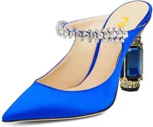 FSJ Women Crystal Chunky Heeled Mules Wedding Sandals Rhinestone Strappy Pumps Pointed Toe Fashion Slippers Slip On Bridal Shoes Size 4-15 US