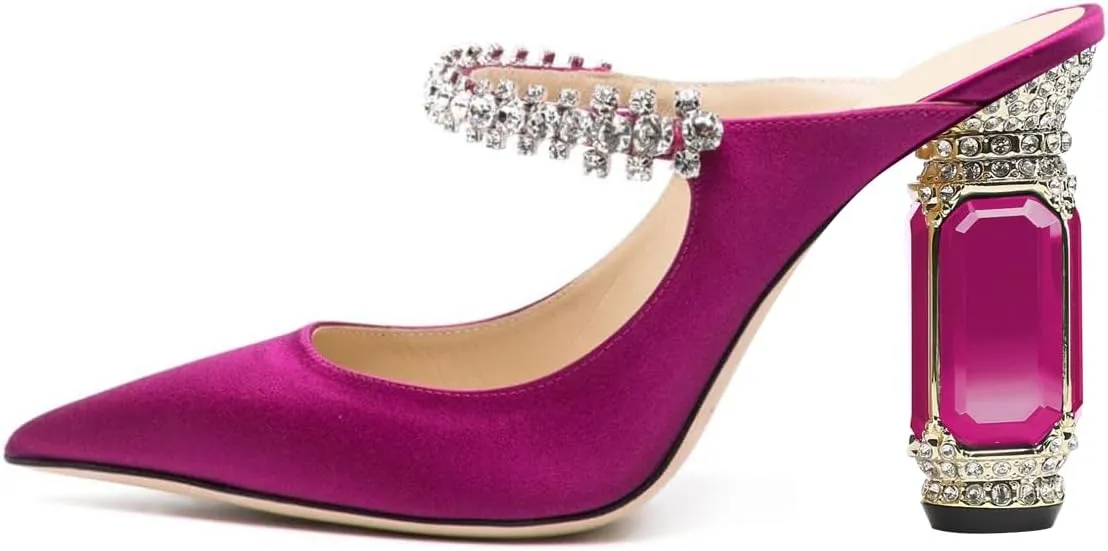 FSJ Women Crystal Chunky Heeled Mules Wedding Sandals Rhinestone Strappy Pumps Pointed Toe Fashion Slippers Slip On Bridal Shoes Size 4-15 US
