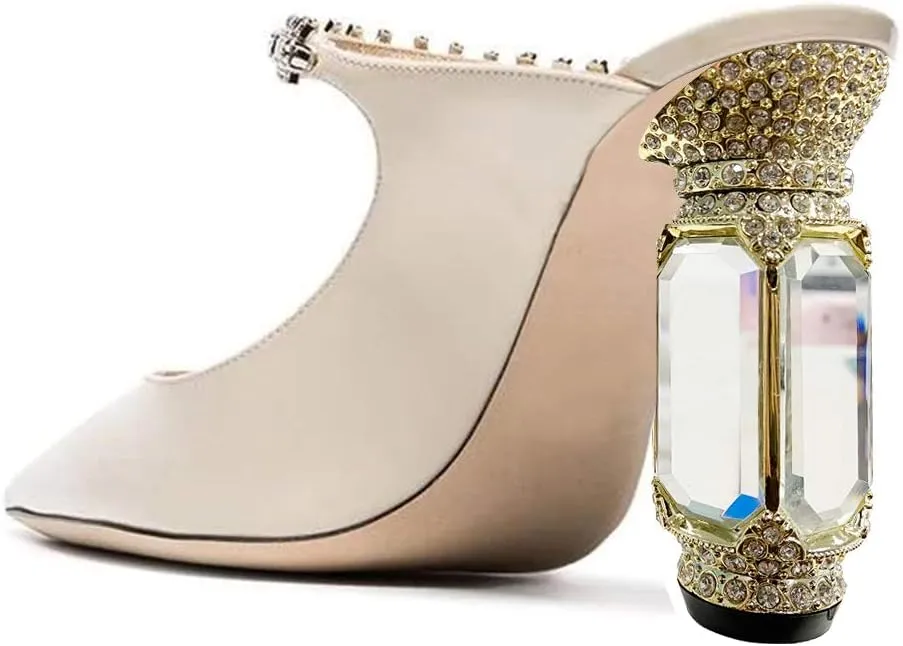 FSJ Women Crystal Chunky Heeled Mules Wedding Sandals Rhinestone Strappy Pumps Pointed Toe Fashion Slippers Slip On Bridal Shoes Size 4-15 US