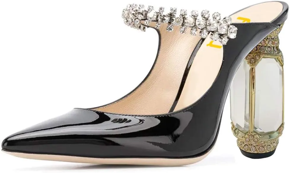 FSJ Women Crystal Chunky Heeled Mules Wedding Sandals Rhinestone Strappy Pumps Pointed Toe Fashion Slippers Slip On Bridal Shoes Size 4-15 US
