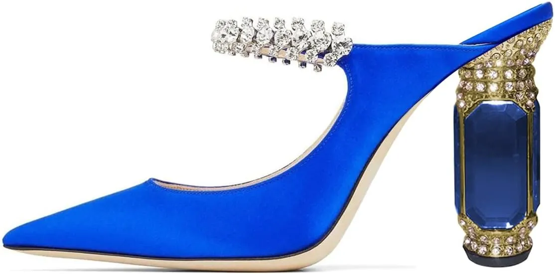 FSJ Women Crystal Chunky Heeled Mules Wedding Sandals Rhinestone Strappy Pumps Pointed Toe Fashion Slippers Slip On Bridal Shoes Size 4-15 US