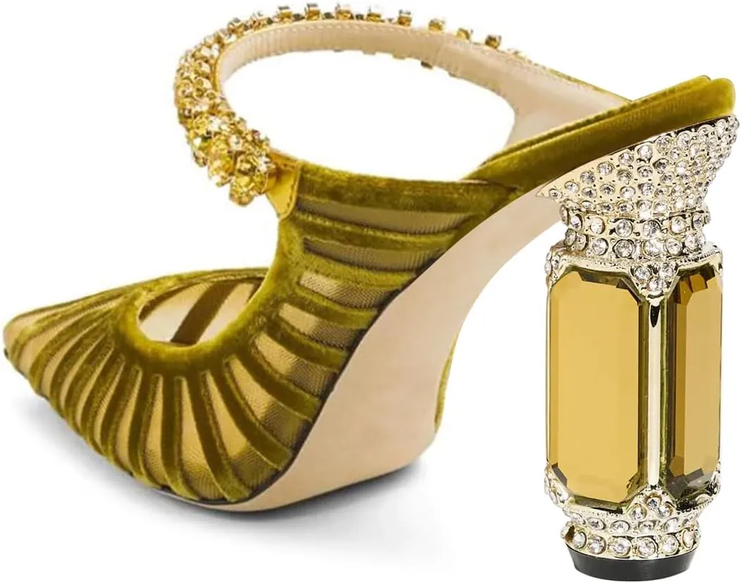 FSJ Women Crystal Chunky Heeled Mules Wedding Sandals Rhinestone Strappy Pumps Pointed Toe Fashion Slippers Slip On Bridal Shoes Size 4-15 US