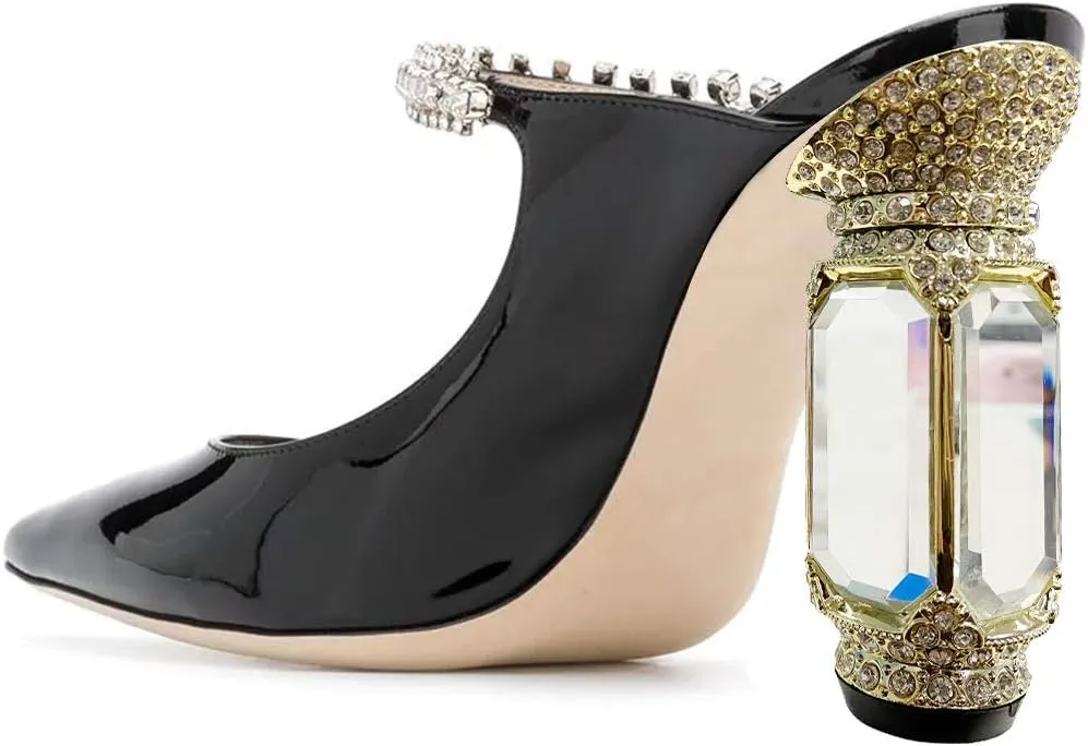 FSJ Women Crystal Chunky Heeled Mules Wedding Sandals Rhinestone Strappy Pumps Pointed Toe Fashion Slippers Slip On Bridal Shoes Size 4-15 US