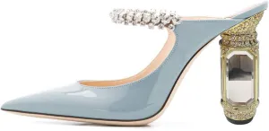 FSJ Women Crystal Chunky Heeled Mules Wedding Sandals Rhinestone Strappy Pumps Pointed Toe Fashion Slippers Slip On Bridal Shoes Size 4-15 US