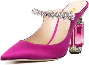 FSJ Women Crystal Chunky Heeled Mules Wedding Sandals Rhinestone Strappy Pumps Pointed Toe Fashion Slippers Slip On Bridal Shoes Size 4-15 US