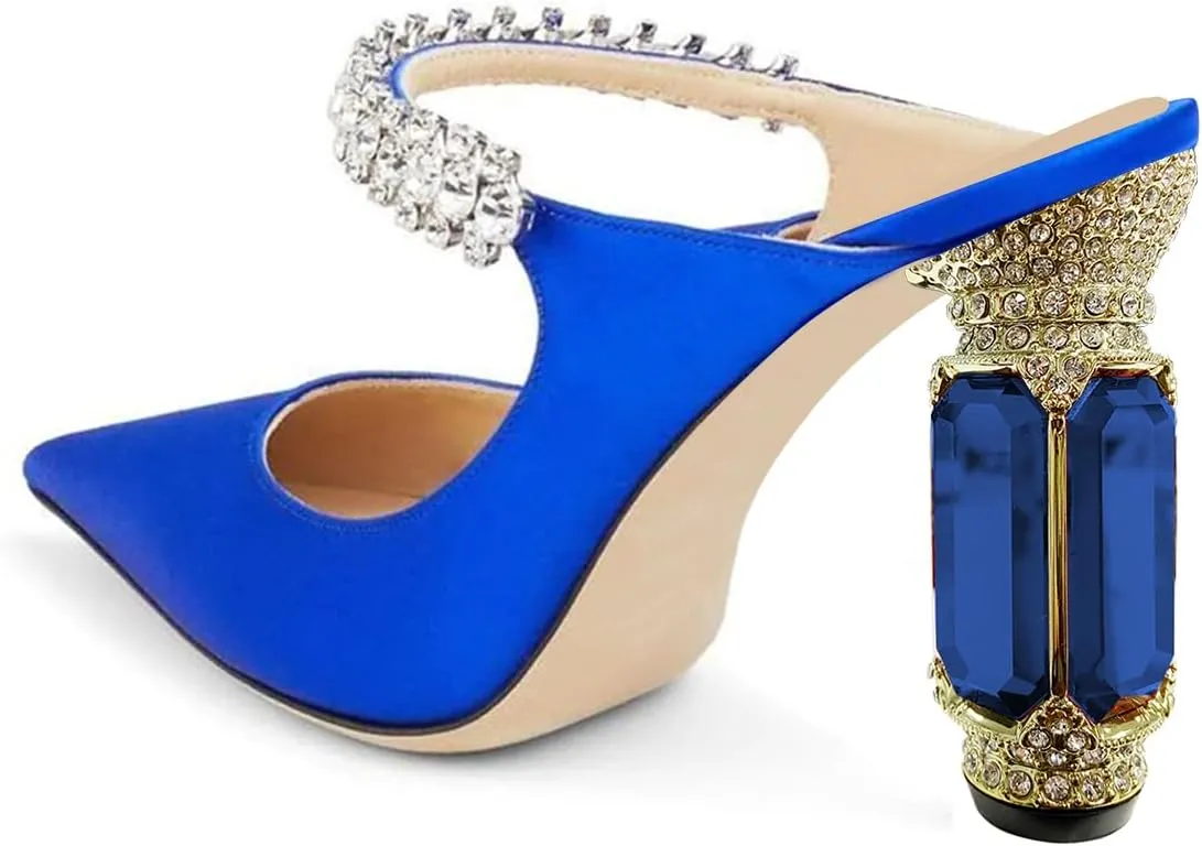 FSJ Women Crystal Chunky Heeled Mules Wedding Sandals Rhinestone Strappy Pumps Pointed Toe Fashion Slippers Slip On Bridal Shoes Size 4-15 US