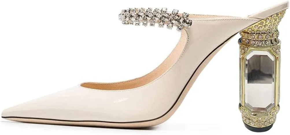 FSJ Women Crystal Chunky Heeled Mules Wedding Sandals Rhinestone Strappy Pumps Pointed Toe Fashion Slippers Slip On Bridal Shoes Size 4-15 US