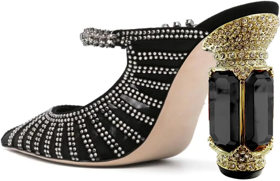 FSJ Women Crystal Chunky Heeled Mules Wedding Sandals Rhinestone Strappy Pumps Pointed Toe Fashion Slippers Slip On Bridal Shoes Size 4-15 US